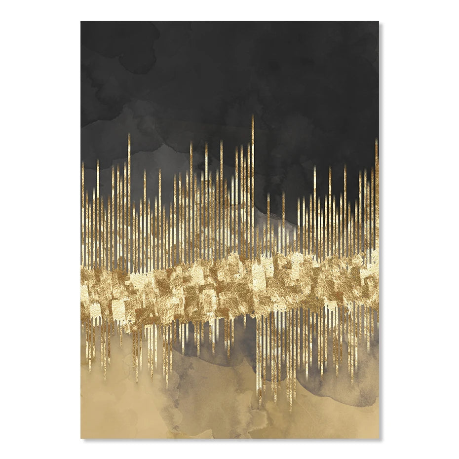 Abstract Golden Cityscape On Black Watercolor Canvas Print Wall Art Light Luxury Pictures For Living Room Bedroom Home Office Decor