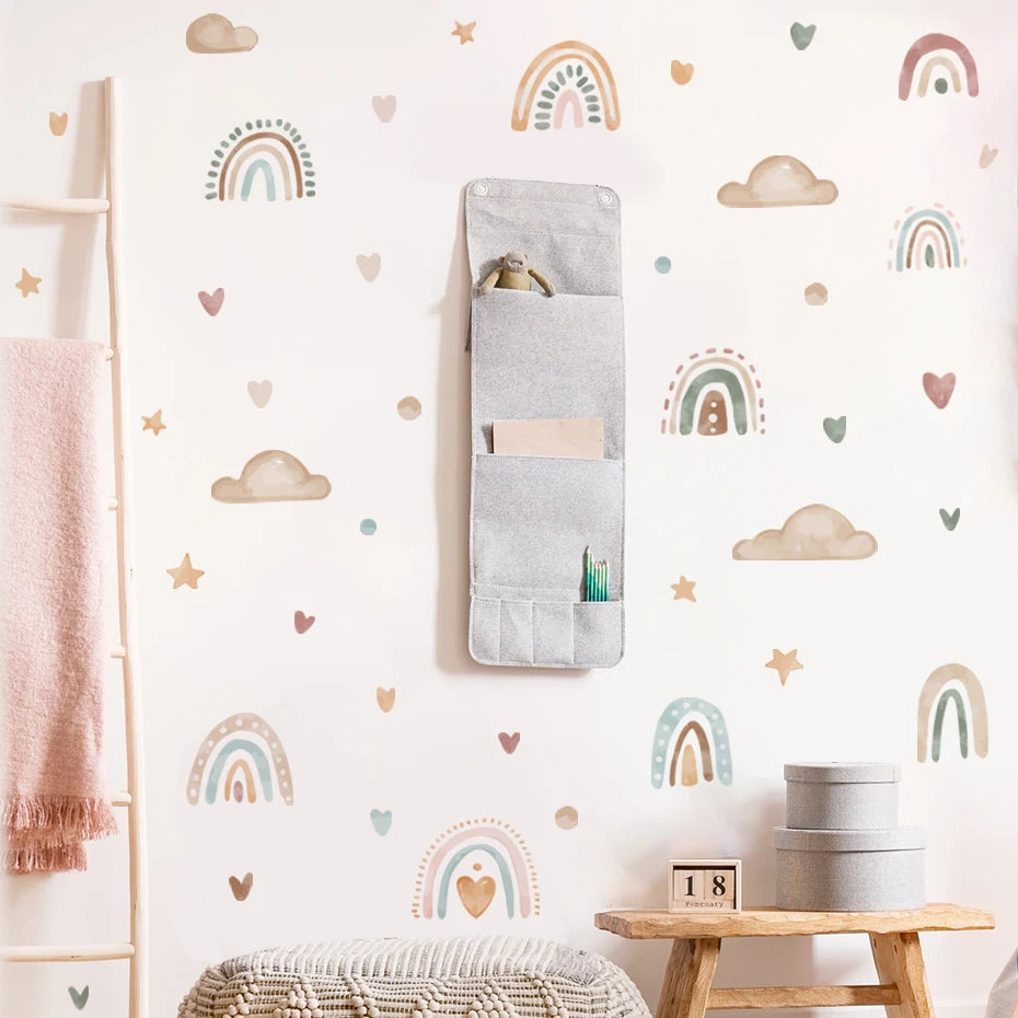 Cute Rainbow Clouds & Love Hearts Wall Stickers For Nursery Room Removable PVC Vinyl Wall Decals For Kid's Room Creative DIY Home Decor