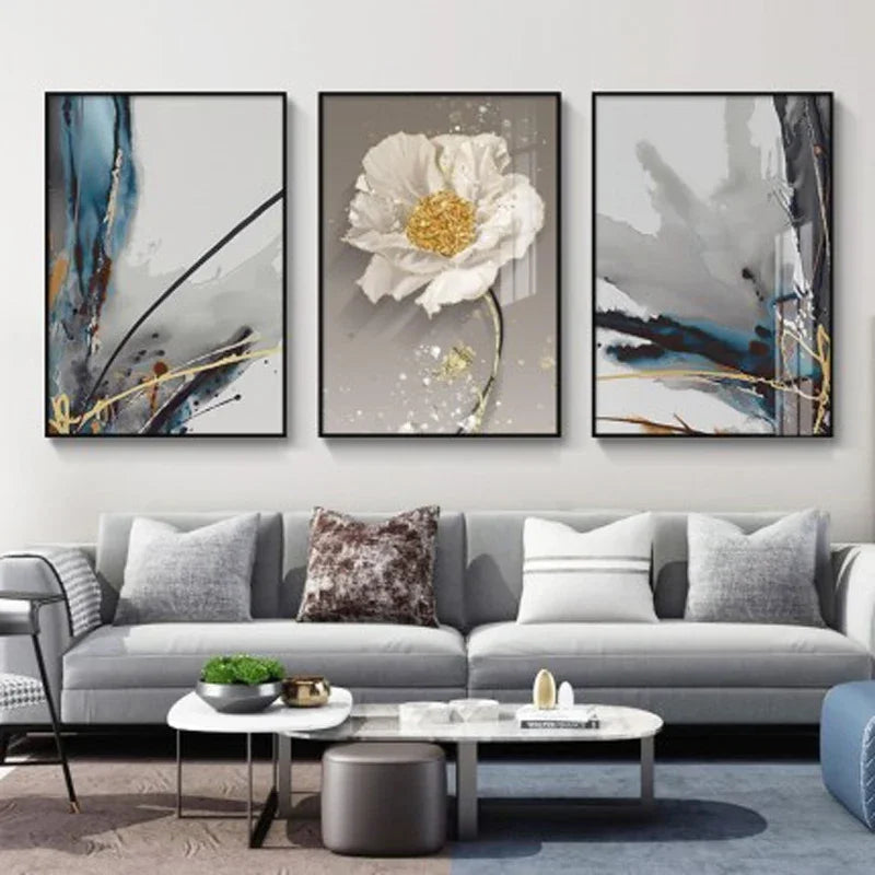 Modern Botanical Floral Wall Art Fine Art Canvas Prints Blue Gray Abstract Pictures For Living Room Bedroom Wall Art Decor