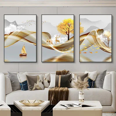 Set of 3Pcs Abstract Flowing Landscape Wall Art Fine Art Canvas Prints Auspicious Pictures For Living Room Home Office