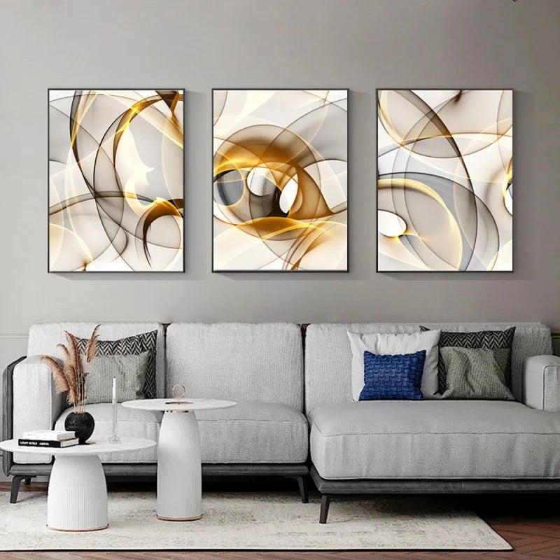 Abstract Flowing Black Golden Threads Wall Art Fine Art Canvas Prints Pictures For Modern Apartment Living Room Home Office Hotel Room Wall Decor