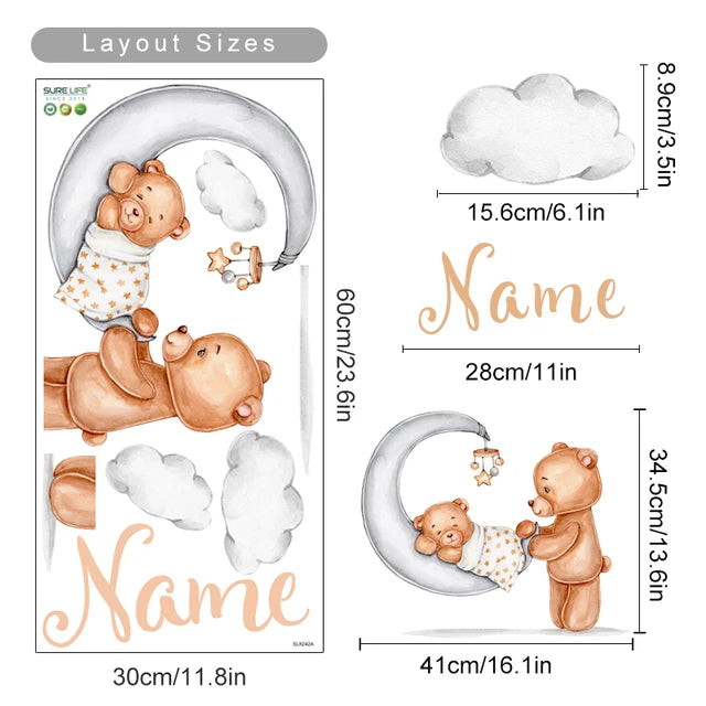 Personalized Bear Balloons Baby's Name Wall Decals For Nursery Room Removable Peel & Stick PVC Wall Stickers For Creative DIY Home Decor 