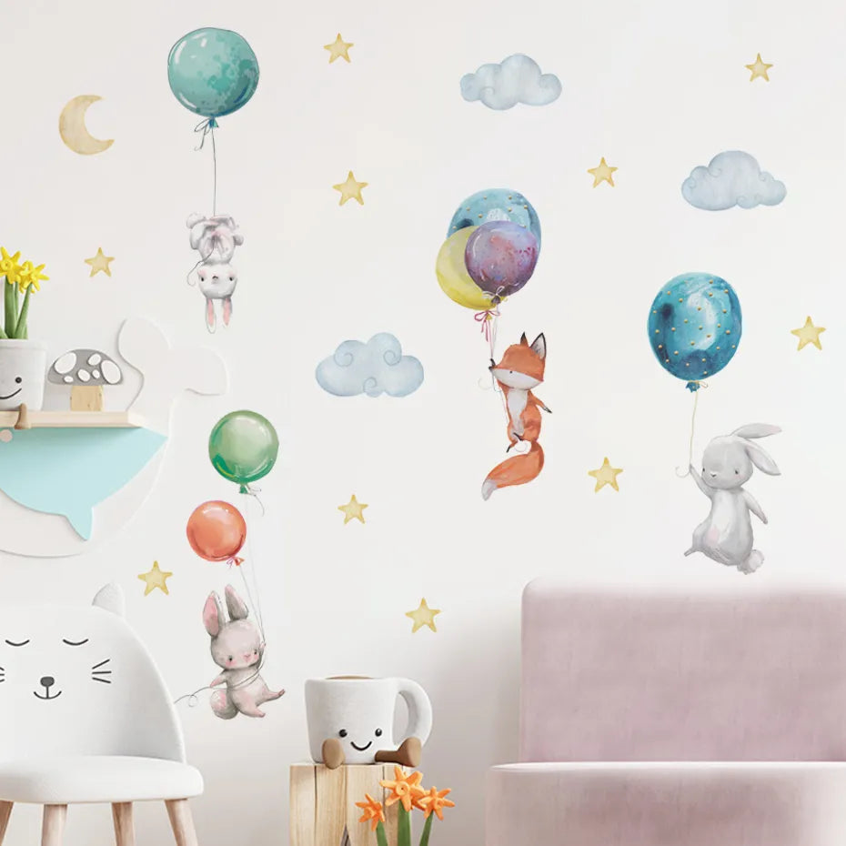 Cute Colorful Cartoon Bunnies Balloons Nursery Wall Stickers Removable Peel & Stick Vinyl Wall Decals For Creative DIY Kid's Room Wall Decoration