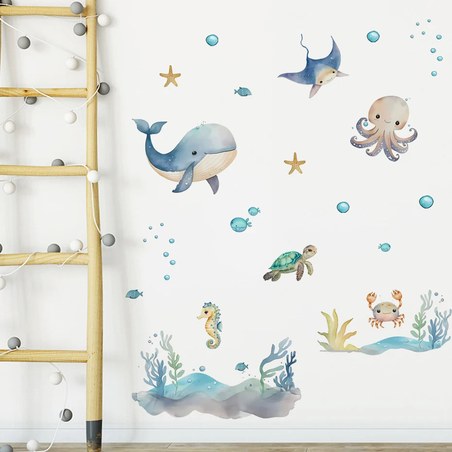 Cute Marine Animals Whale Turtle Octopus Wall Decals For Children's Nursery Room Underwater World Peel & Stick Wall Stickers For Creative DIY Home Decor
