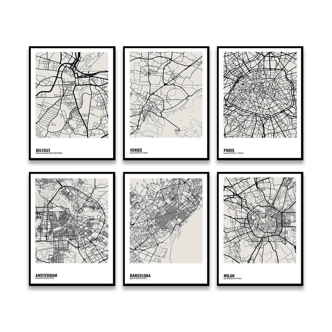 Minimalist City Map Posters - London, Berlin, Paris, Kiev, Barcelona, Milan, Amsterdam, Prague, Athens, Liverpool, Florence, Belfast, Venice. Wall Map Black White Fine Art Canvas Prints Stylish Minimalist Posters For Home/Office