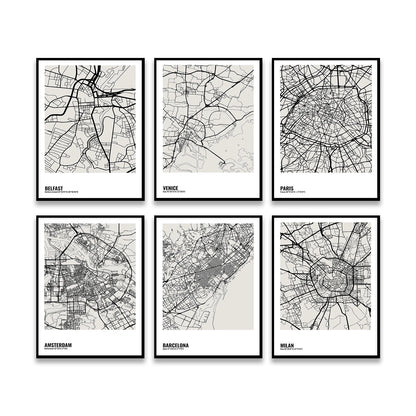 Minimalist City Map Posters - London, Berlin, Paris, Kiev, Barcelona, Milan, Amsterdam, Prague, Athens, Liverpool, Florence, Belfast, Venice. Wall Map Black White Fine Art Canvas Prints Stylish Minimalist Posters For Home/Office