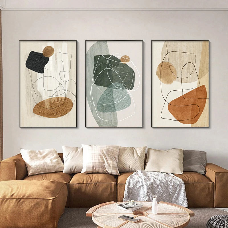 Scandinavian Abstract Shape Line &amp; Form Wall Art Fine Art Canvas Prints Neutral Color Scheme Pictures For Modern Living Room Decor