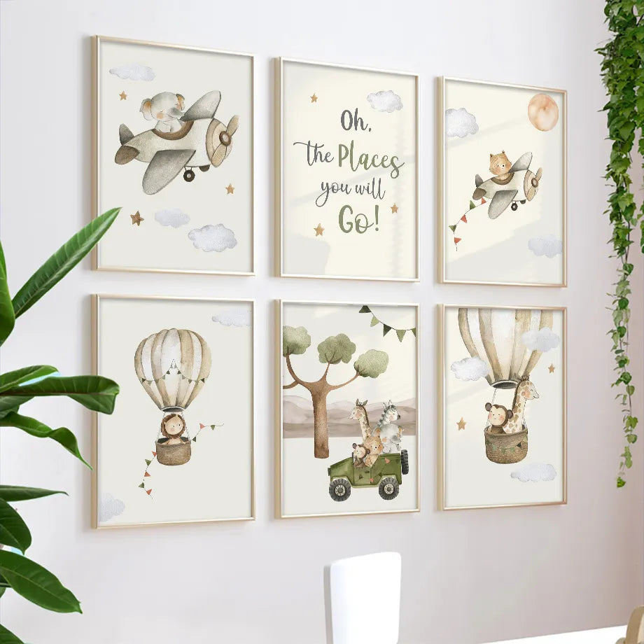 Jungle Giraffe Hot Air Balloon Nursery Wall Art Fine Art Canvas Prints Neutral Colors Posters For Kid's Room Baby's Room Wall Decoration
