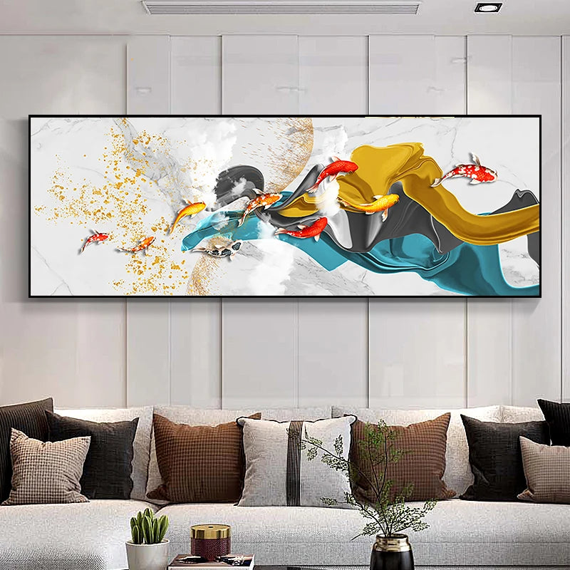 Auspicious Feng Shui Abstract Golden Fish Wall Art Fine Art Canvas Prints Wide Format Pictures For Living Room Above The Sofa Art For Above The Bed