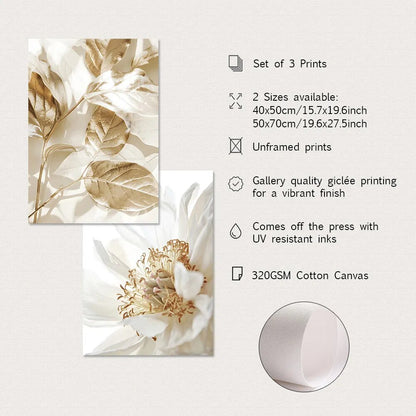 3PCS Modern White Floral Golden Leaves Posters Wall Art Canvas Painting Prints Pictures Living Room Interior Home Decoration