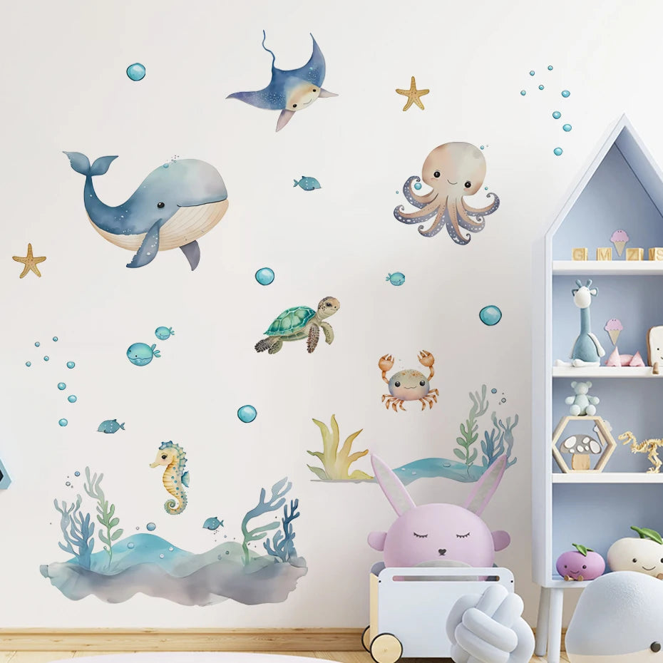 Cute Marine Animals Whale Turtle Octopus Wall Decals For Children's Nursery Room Underwater World Peel & Stick Wall Stickers For Creative DIY Home Decor