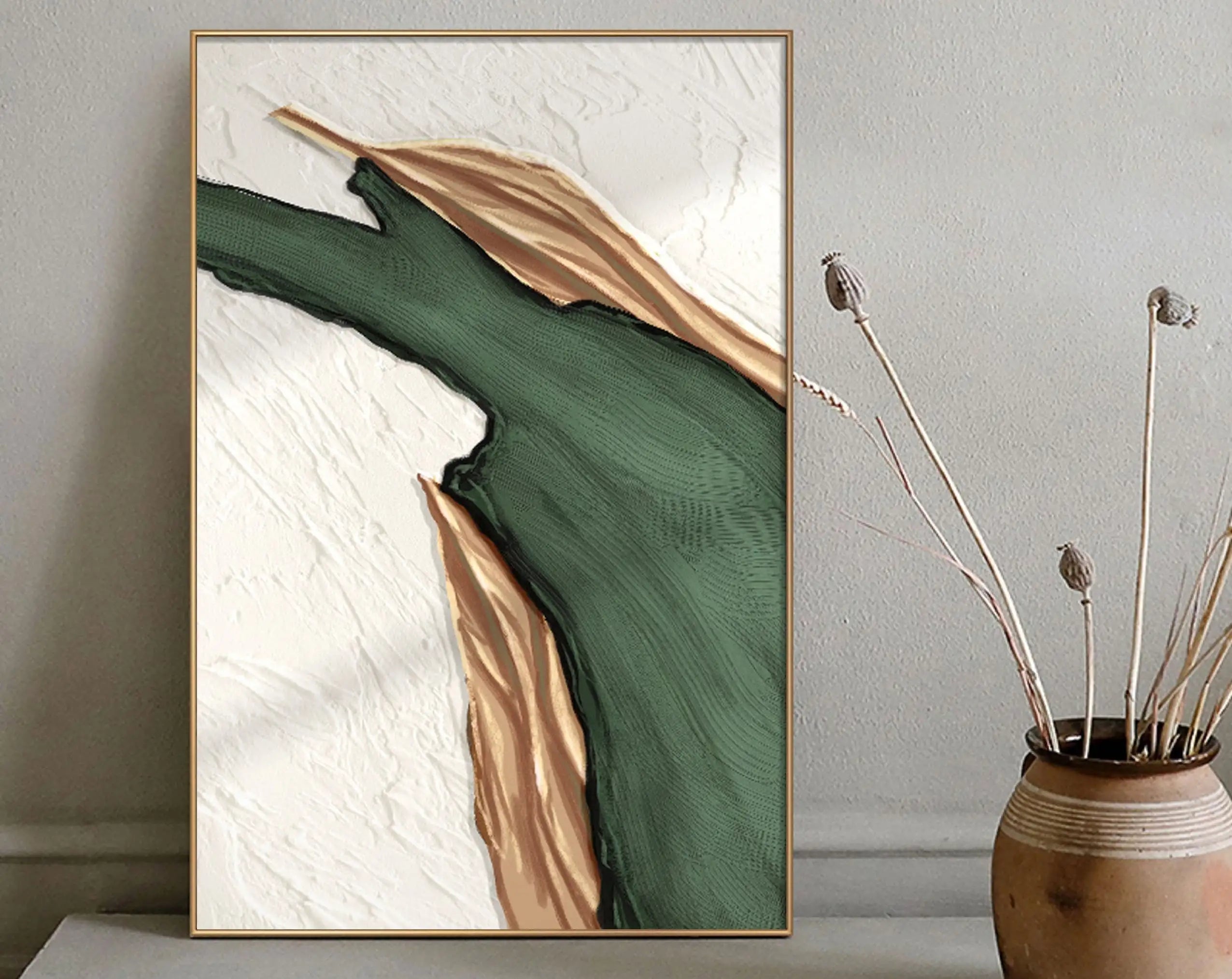 Large Format Abstract Wall Art Fine Art Canvas Prints Green Beige Golden Flowing Textural Design Pictures For Modern Apartment Living Room Foyer Art Decor