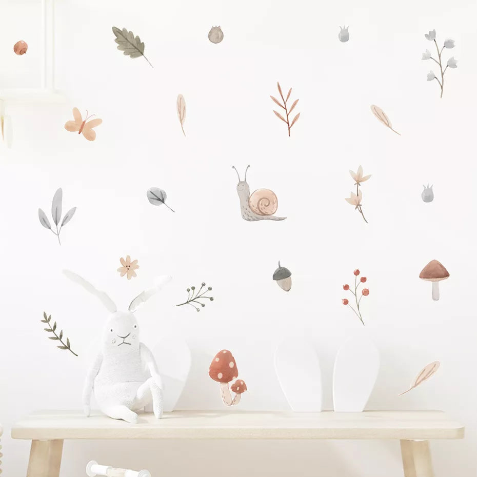 Cute Wild Woodland Snail Mushroom Acorn Leaves Wall Stickers For Baby's Room Removable Creative DIY Decor Peel & Stick Vinyl Wall Decals