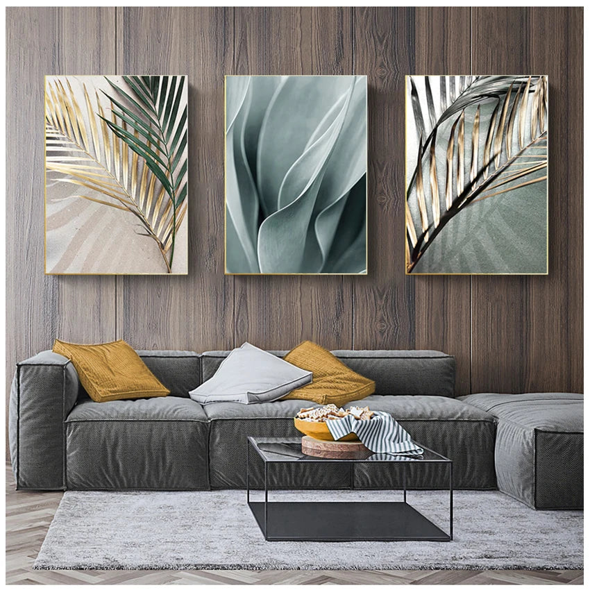 Green Golden Fern Leaves Wall Art Fine Art Canvas Prints Modern Botanical Pictures For Living Room Dining Room Home Office Decor