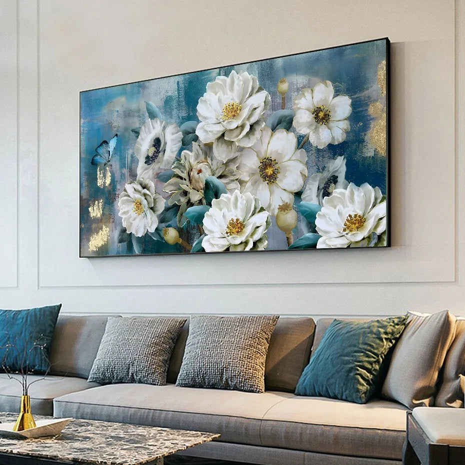 Serene Elegance White Blossoms and Blue Butterflies Canvas Print Wall Art Abstract Floral Picture For Modern Living Room