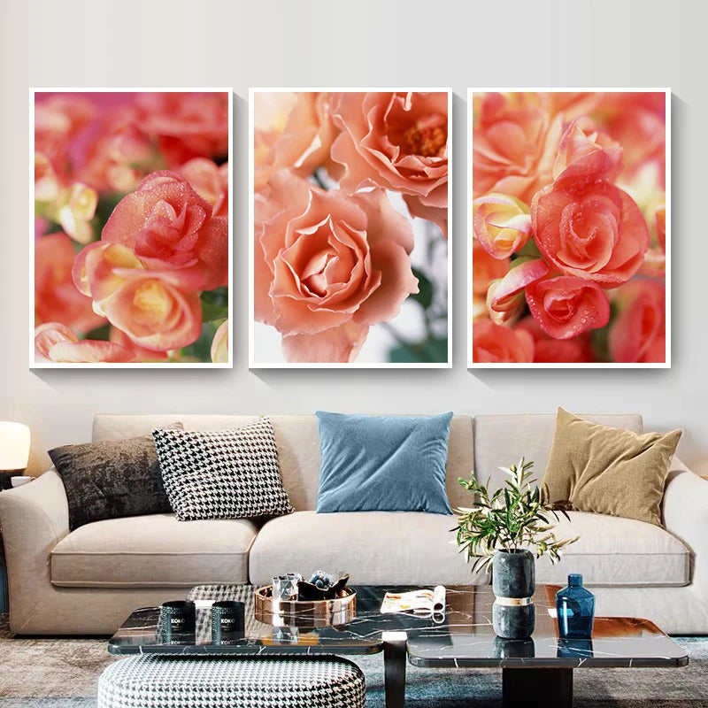 Pink Red Roses Floral Wall Art Fine Art Canvas Prints Modern Botanical Posters Pictures For Living Room, Bedroom Art Decor