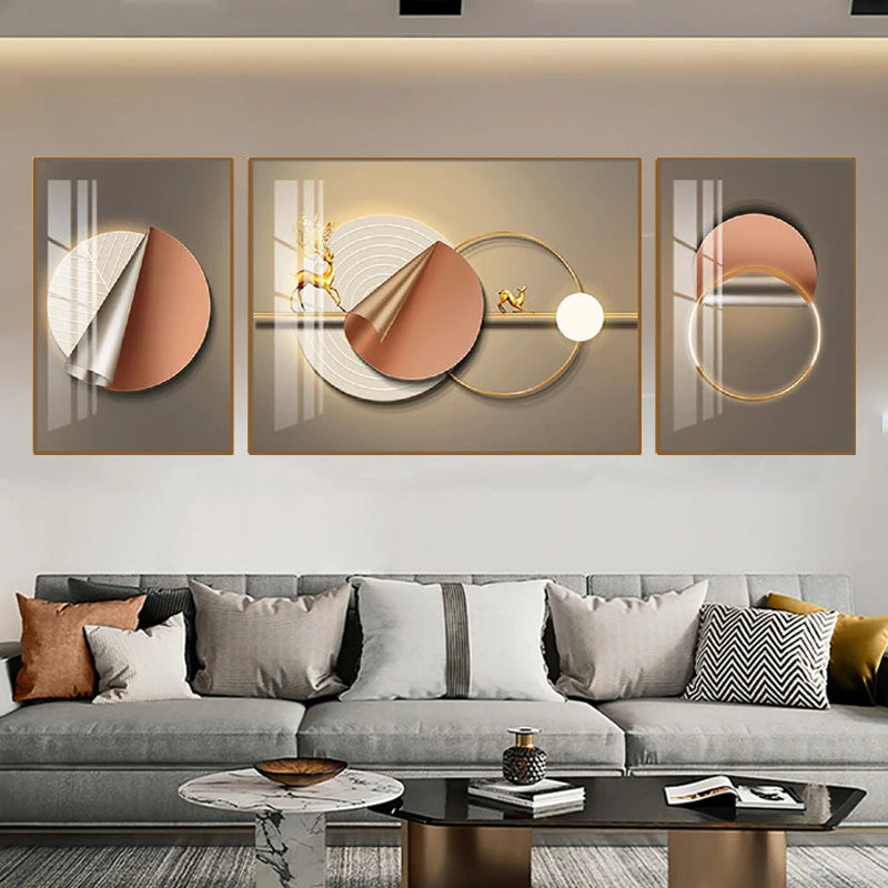 Set of 3Pcs Nordic Abstract Circle Of Light Auspicious Flowing Landscape Wall Art Fine Art Canvas Prints Pictures For Luxury Living Room Dining Room Wall Decor (Triptych, Set of 3)