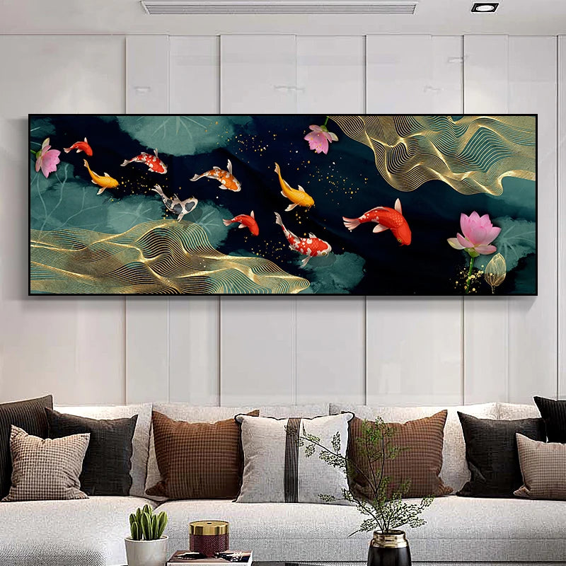 Auspicious Feng Shui Abstract Golden Fish Wall Art Fine Art Canvas Prints Wide Format Pictures For Living Room Above The Sofa Art For Above The Bed