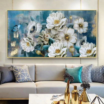 Serene Elegance White Blossoms and Blue Butterflies Canvas Print Wall Art Abstract Floral Picture For Modern Living Room