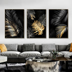 * Featured Sale * Black Golden Leaf Wall Art Fine Art Canvas Prints Modern Tropical Botanical Pictures For Living Room Bedroom Home Office Decor