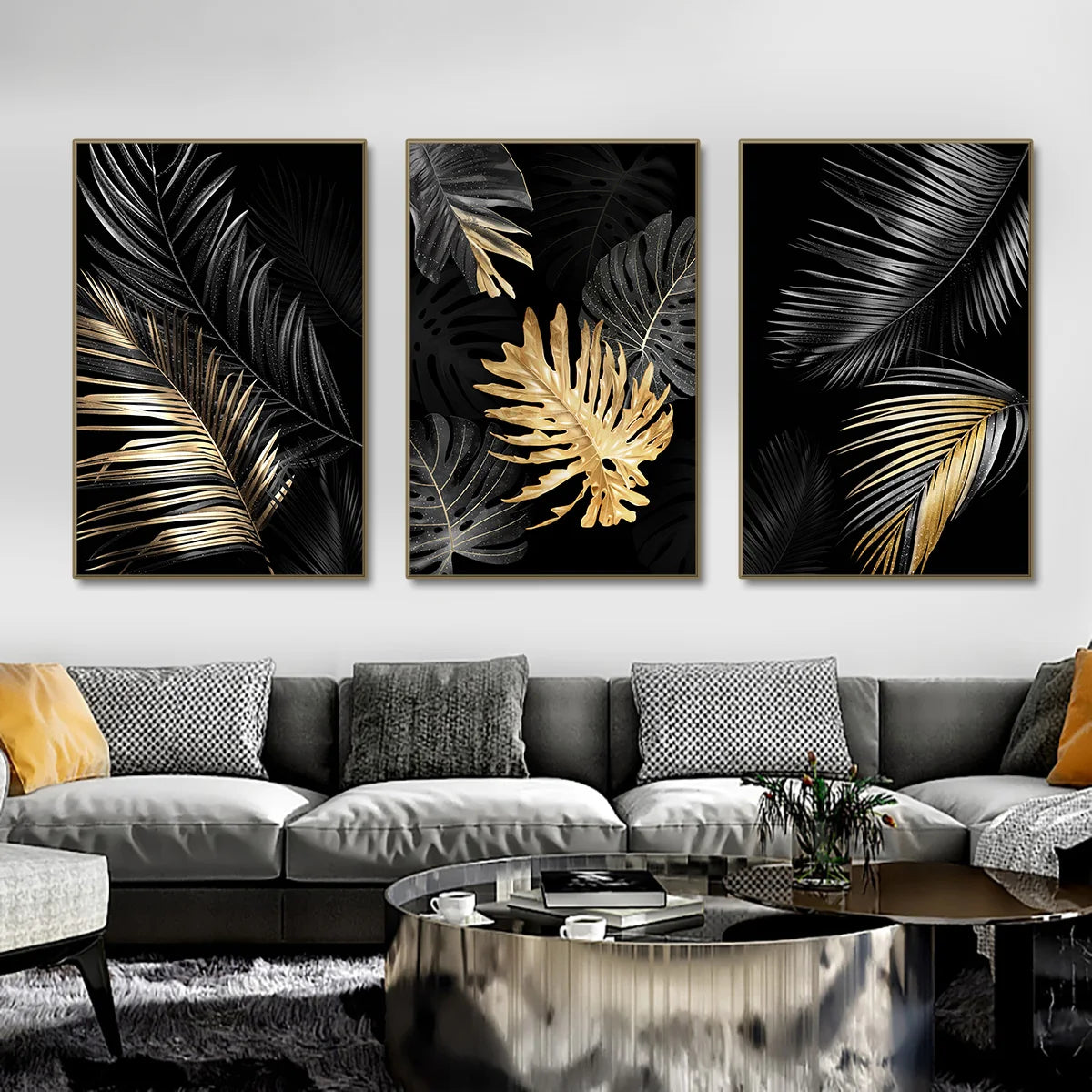 * Featured Sale * Black Golden Leaf Wall Art Fine Art Canvas Prints Modern Tropical Botanical Pictures For Living Room Bedroom Home Office Decor
