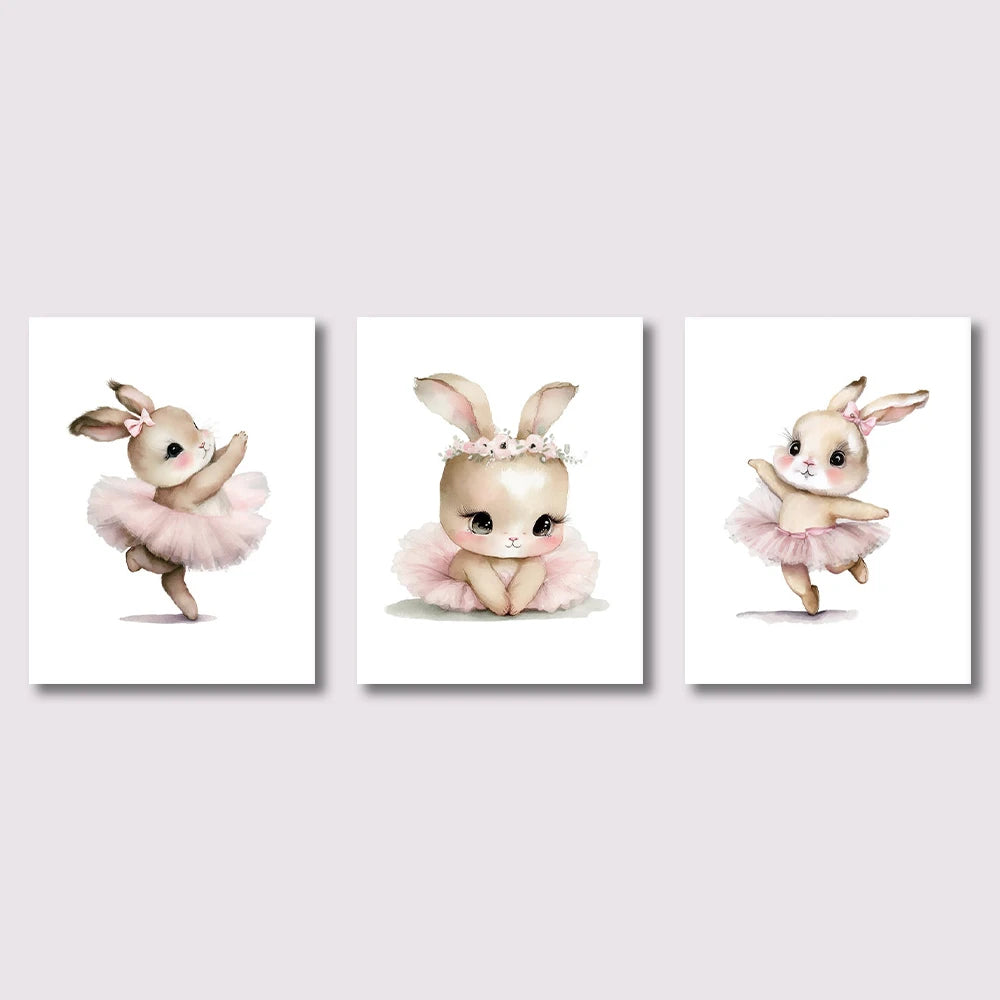 Set of 3 Ballerina Bunny Canvas Prints – Woodland Animal Wall Art for Girls’ Room & Nursery Decor