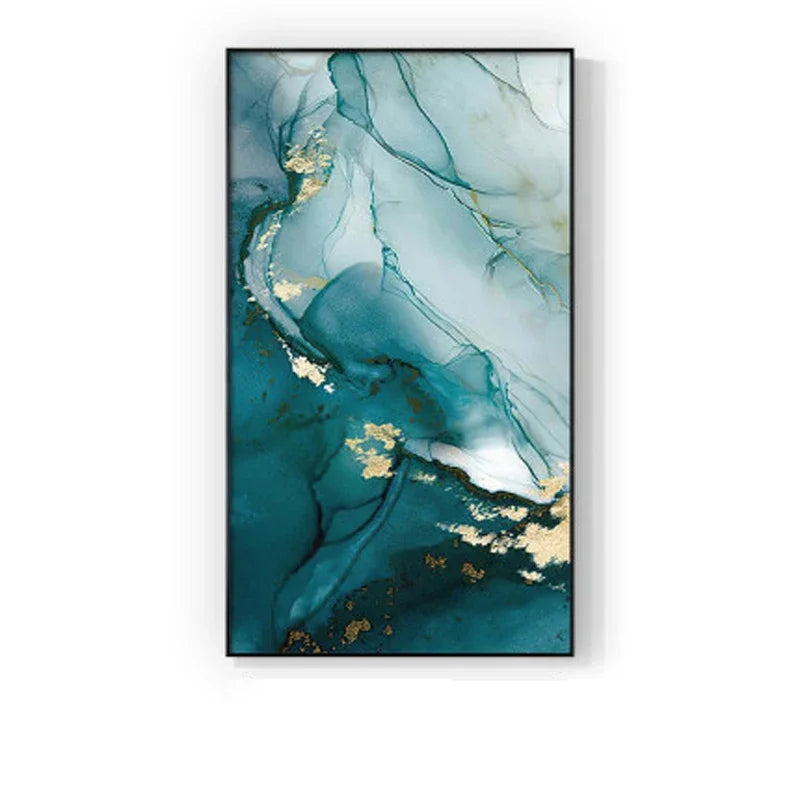 Aqua Green Golden Liquid Marble Print Wall Art Fine Art Canvas Print Pictures For Luxury Apartment Living Room Modern Foyer Art Decor