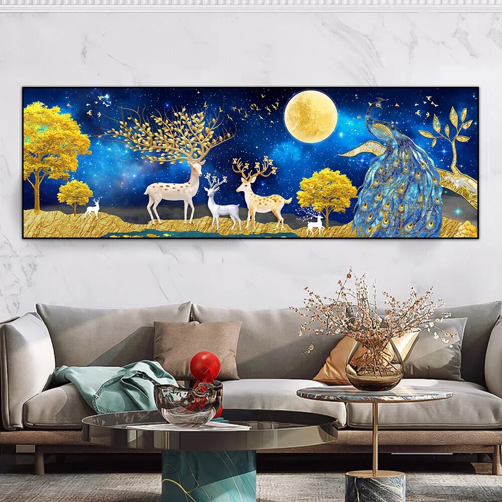 Modern Abstract Auspicious Golden Deer Geometric Landscape Wall Art Wide Format Canvas Print For Above The Sofa, Above The Bed