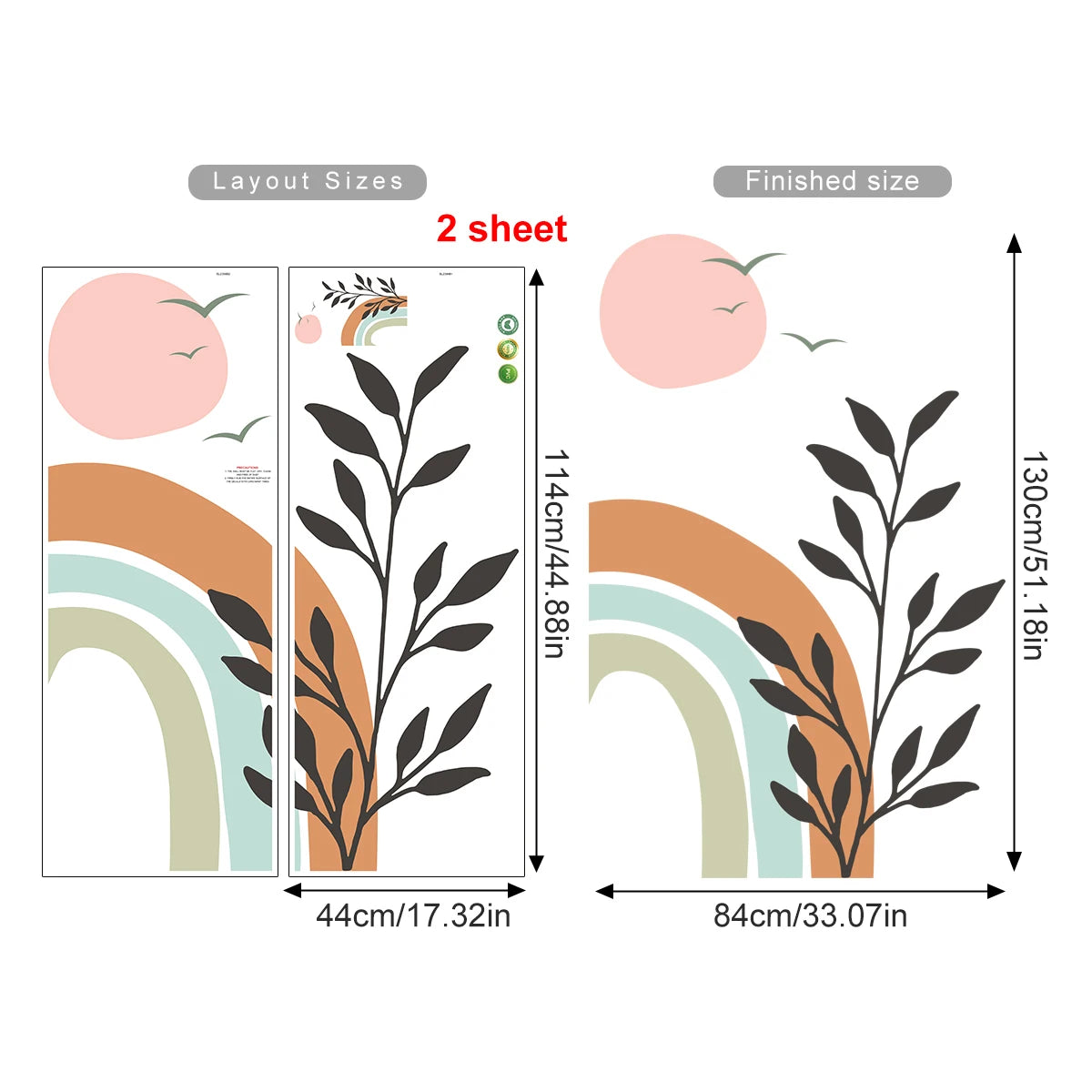 Boho Birds & Sunset Rainbow Wall Mural – Removable Peel & Stick Vinyl Wall Decal for Living Room, Bedroom, Colorful Creative DIY Home Decor