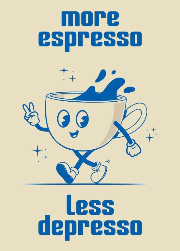 Retro Coffee Quote Canvas – Fun Kitchen Wall Art with Cartoon Characters & Espresso Humor