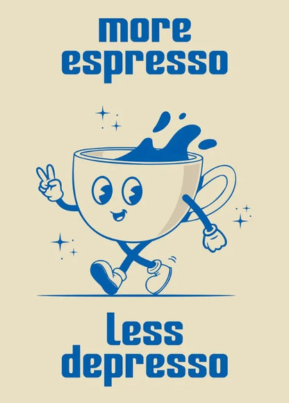 Retro Coffee Quote Canvas – Fun Kitchen Wall Art with Cartoon Characters & Espresso Humor