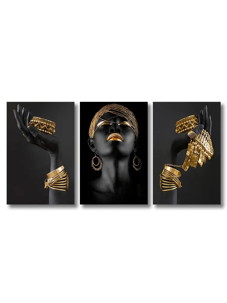 Modern Minimalist Black Golden Woman Portrait Wall Art Fine Art Canvas Prints Pictures For Luxury Living Room Dining Room Home Office Decor