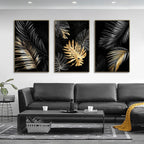 * Featured Sale * Black Golden Leaf Wall Art Fine Art Canvas Prints Modern Tropical Botanical Pictures For Living Room Bedroom Home Office Decor