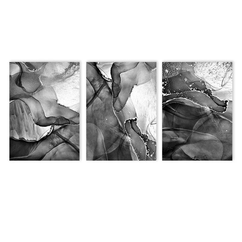 Set of 3Pcs Black White Gray Liquid Marble Print Wall Art Fine Art Canvas Prints Chic Abstract Pictures For Living Room Dining Room Home Office Decor