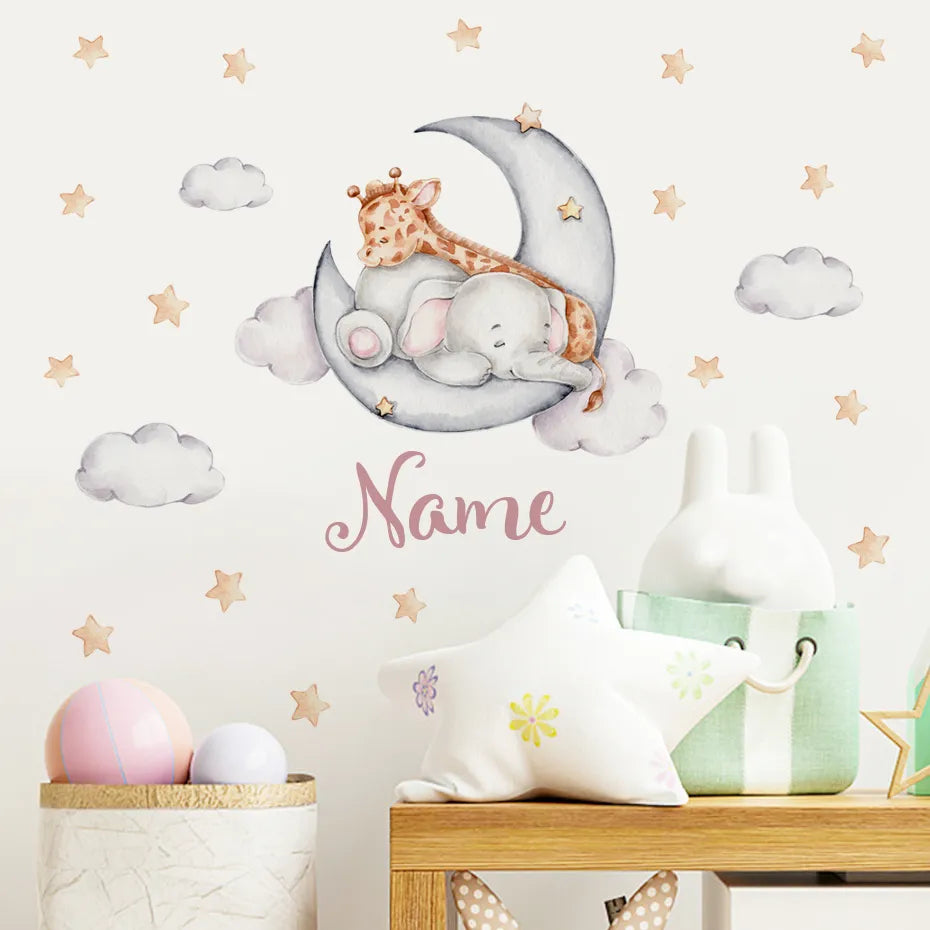 Personalized Baby's Name Wall Sticker For Nursery Room Cute Elephant Giraffe Moon & Stars Removable PVC Wall Decal For Kid's Room Wall Decor 