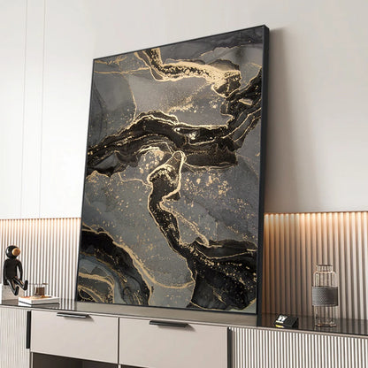 Abstract Black Gray Golden Liquid Marble Print Wall Art Fine Art Canvas Prints Pictures For Modern Apartment Living Room Home Office Decor