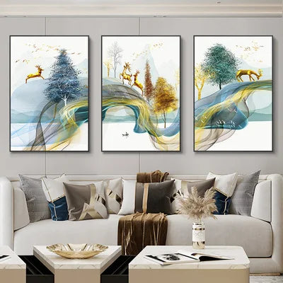 Set of 3Pcs Abstract Flowing Landscape Wall Art Fine Art Canvas Prints Auspicious Pictures For Living Room Home Office