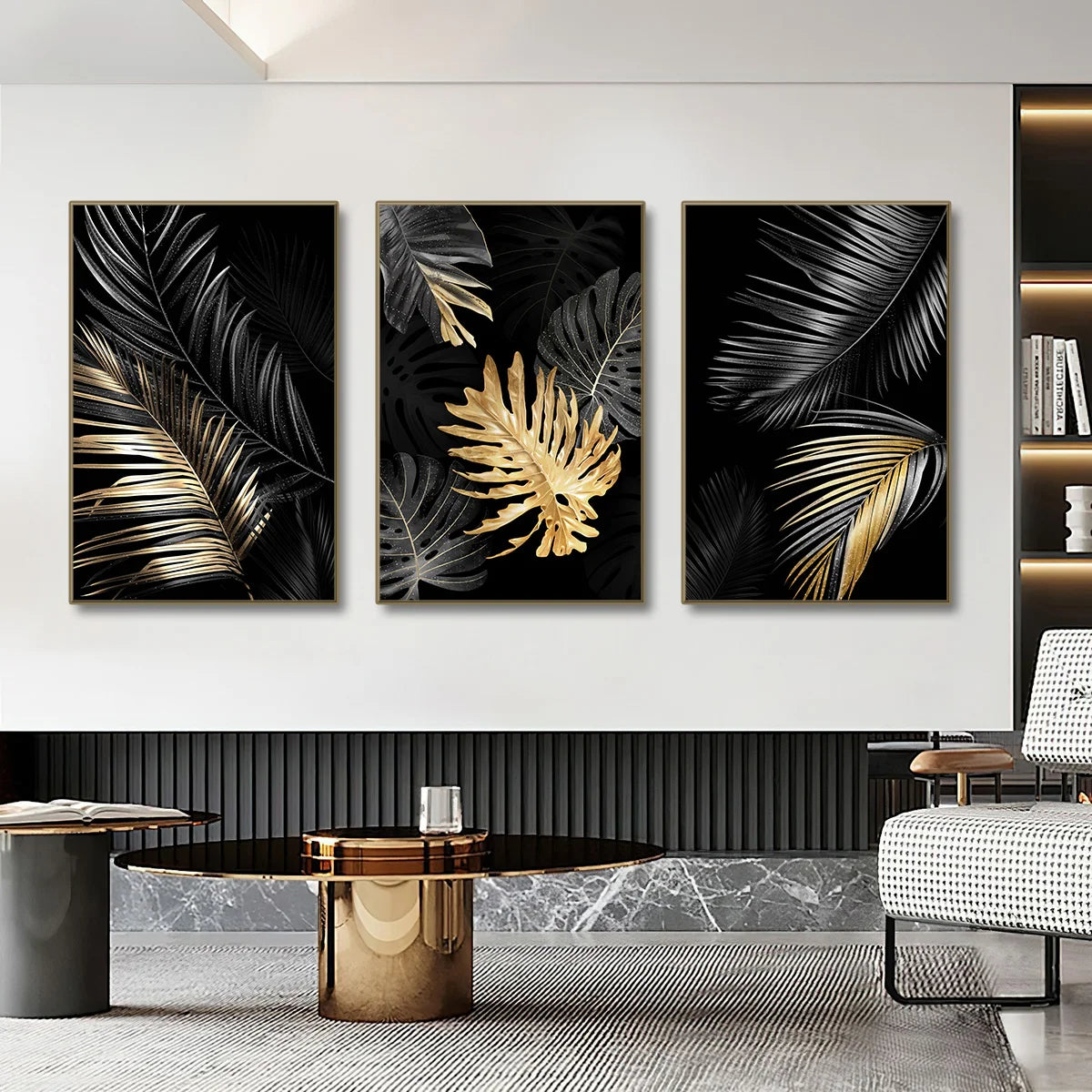 * Featured Sale * Black Golden Leaf Wall Art Fine Art Canvas Prints Modern Tropical Botanical Pictures For Living Room Bedroom Home Office Decor