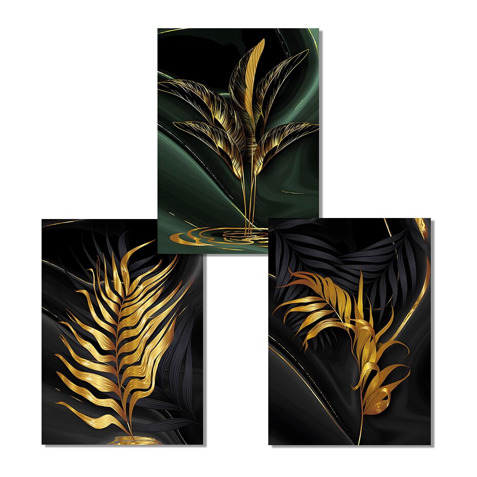 Black Green Golden Palm Leaves Wall Art Fine Art Canvas Prints Modern Tropical Botanical Pictures For Living Room Dining Room Home Office Decor