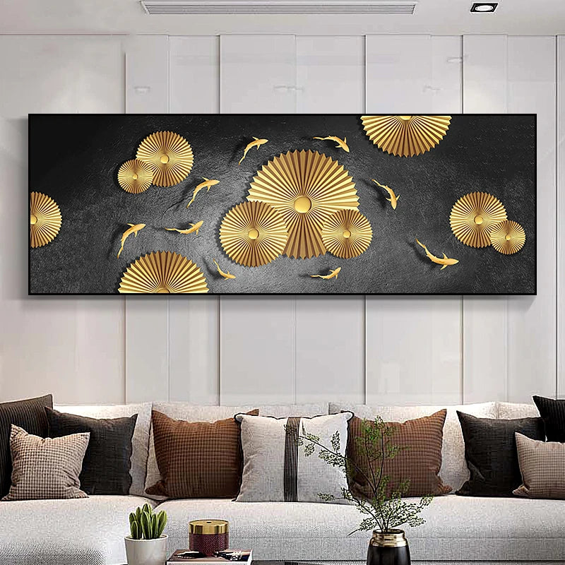 Auspicious Feng Shui Abstract Golden Fish Wall Art Fine Art Canvas Prints Wide Format Pictures For Living Room Above The Sofa Art For Above The Bed