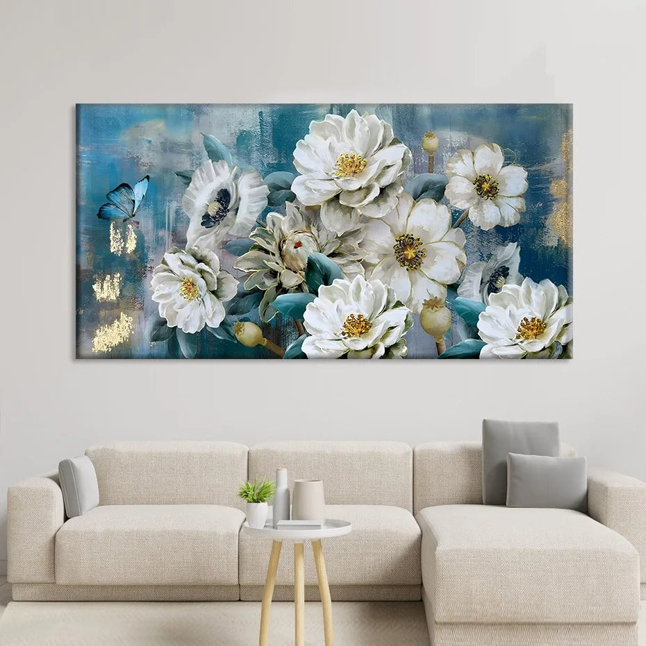 Serene Elegance White Blossoms and Blue Butterflies Canvas Print Wall Art Abstract Floral Picture For Modern Living Room