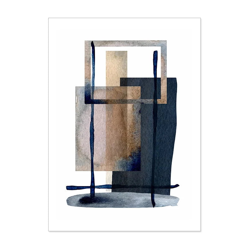 Neutral Colors Blue Brown Beige Watercolor Abstract Geometric Wall Art Fine Art Canvas Prints Pictures For Living Room Dining Room Bedroom Art Decor