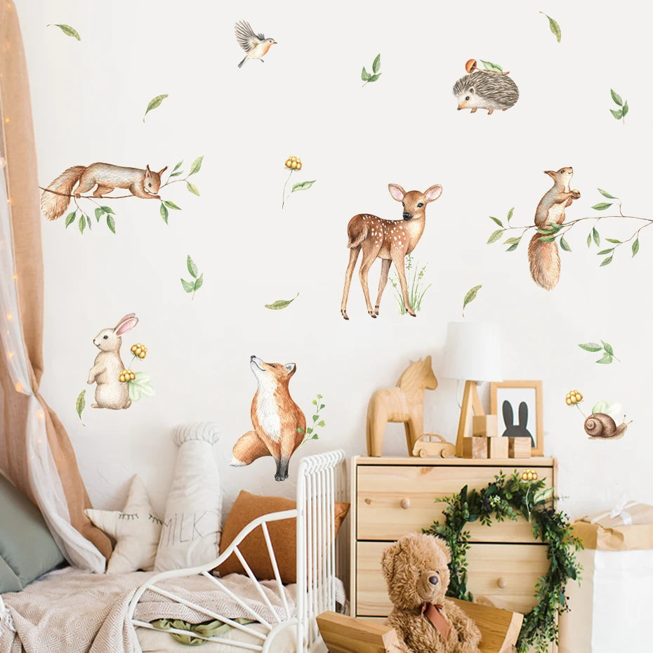 Cute Deer Rabbit Fox Squirrels In The Tree Wall Stickers For Children's Nursery Room Removable Peel & Stick Vinyl Wall Decals Creative DIY Decor