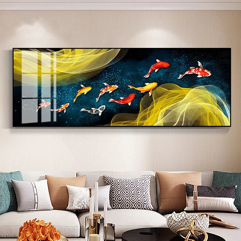 Auspicious Feng Shui Abstract Golden Fish Wall Art Fine Art Canvas Prints Wide Format Pictures For Living Room Above The Sofa Art For Above The Bed