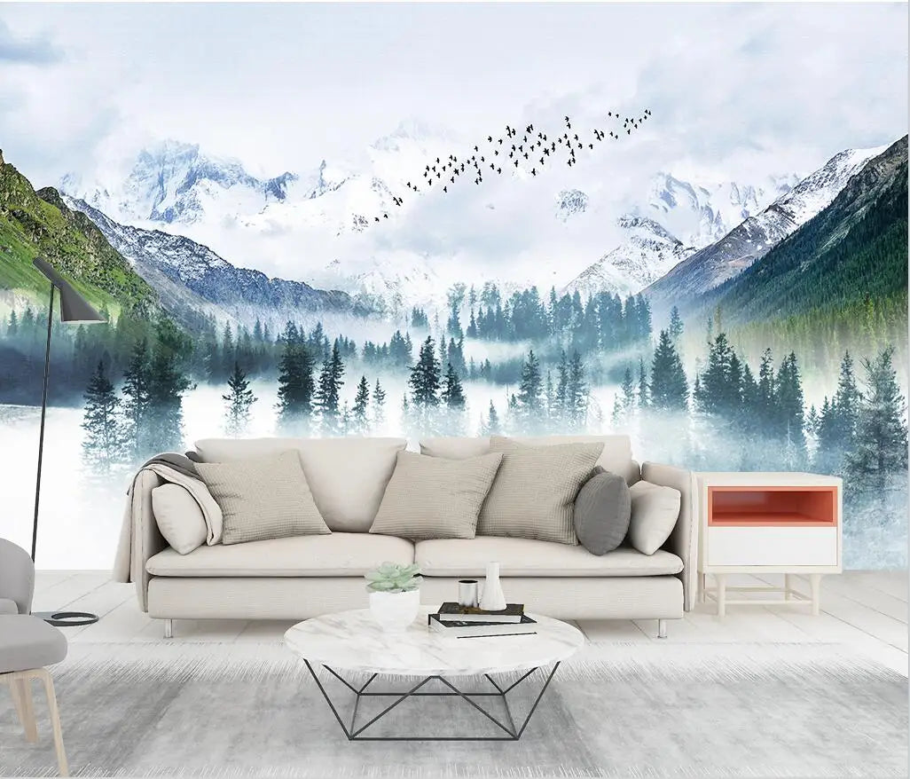 Misty Forest Landscape Wall Mural Big Format Printed Nordic Wallcovering Wallpaper For Modern Living Room Creative Home Office Wall Decoration