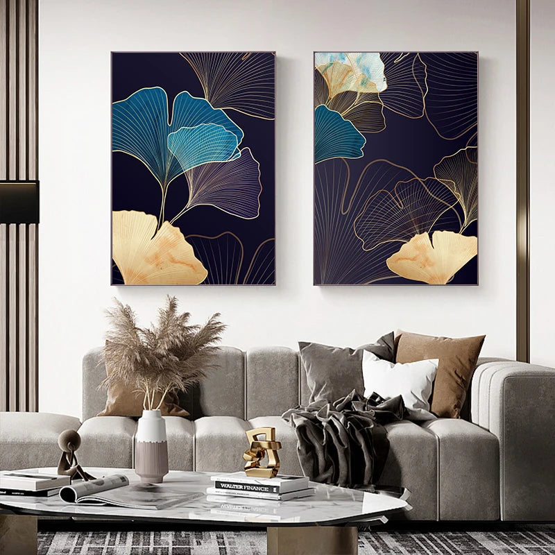 Abstract Botanical Tropical Blue Aubergine Floral Wall Art Fine Art Canvas Prints Pictures For Living Room Bedroom Hotel Room Decor