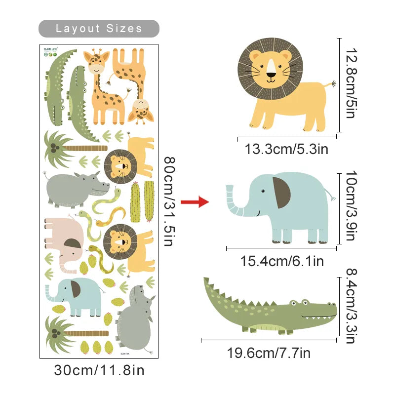 Colorful Jungle Animals Wall Decals For Children's Nursery Room Removable Peel & Stick Wall Stickers For Creative DIY Kid's Room Decor 