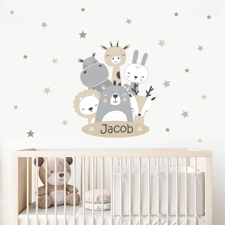 Cute Animals Baby Hippo Bear Lion Fox Deer Personalized Baby's Name Wall Decals Removable Peels & Stick PVC Wall Stickers For Nursery Wall Decor