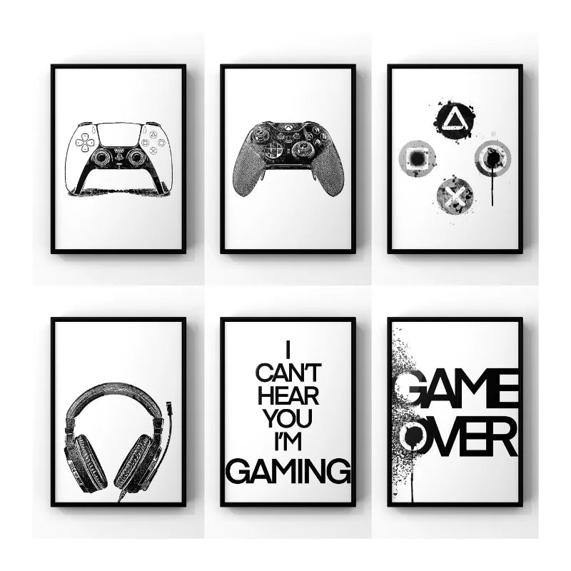 Black & White Gamer Posters Minimalist Wall Art Fine Art Canvas Prints Trendy Pictures For Kid's Room Gamers Room Wall Art Decor