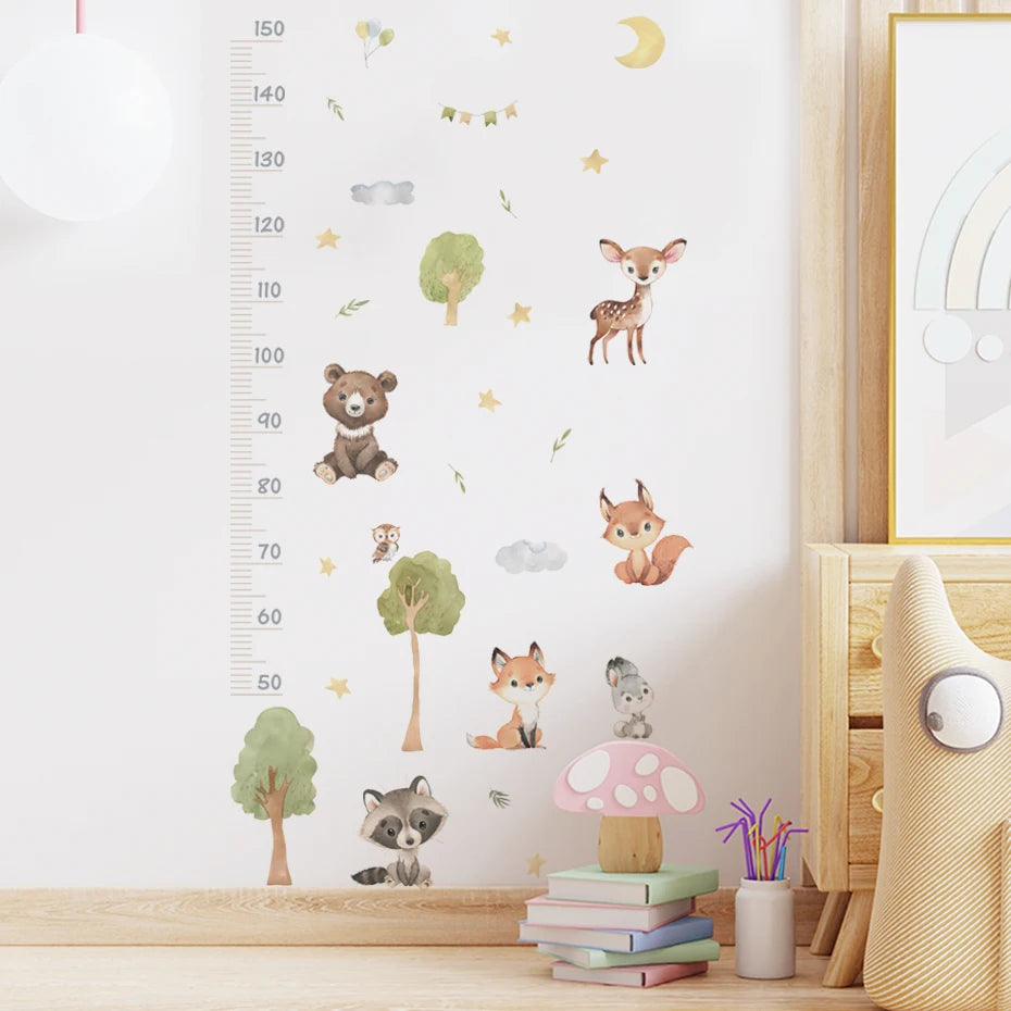 Cute Woodland Animals Height Measurement Wall Sticker For Nursery Room Removable Peel & Stick PVC Wall Decal For Creative Kid's Room Decor
